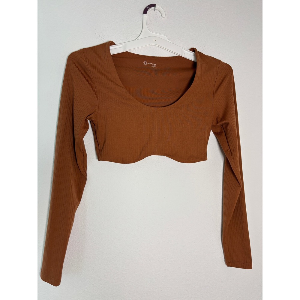 OFFLINE by Aerie Real Me Ribbed Long Sleeve Crop Top Brown‎ Scoop Neck Small